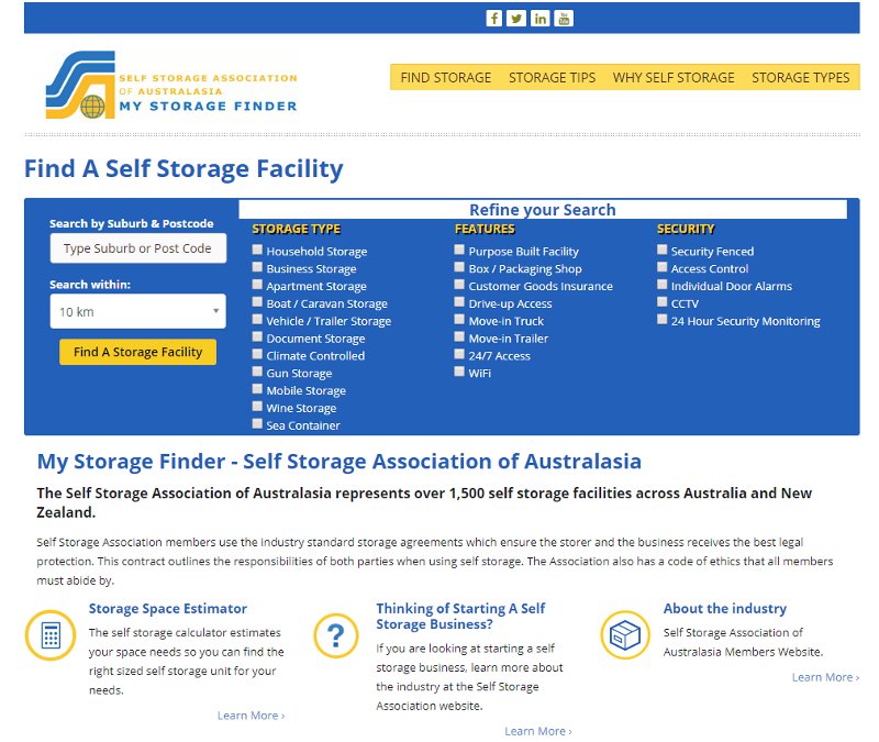 Screenshot of SSAA Storage Finder Web Site web site